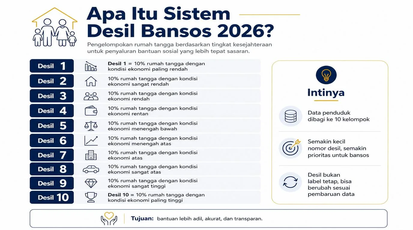 buat sebuah gambar yang simpel, tidak banyak hiasan tapi tetap elegant dan informatif tentang Apa Itu Sistem Desil Bansos 2026